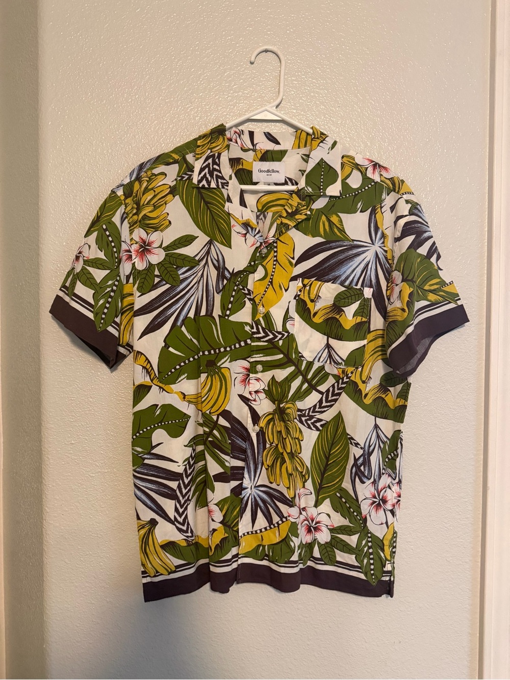 Goodfellow & Co White Tropical Print Camp Shirt with Green and Yellow Accents
